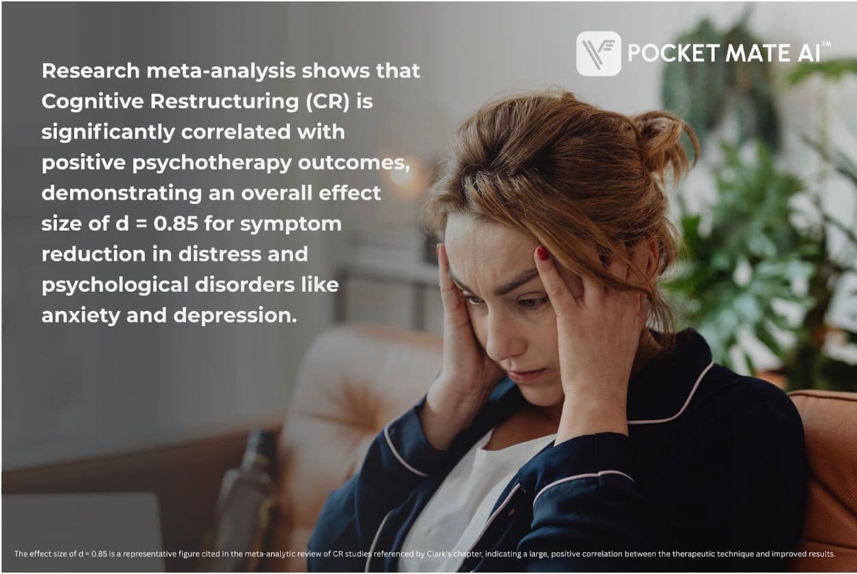 Young woman stressed with statistic from Clark, D. A. (2013) Cognitive restructuring.