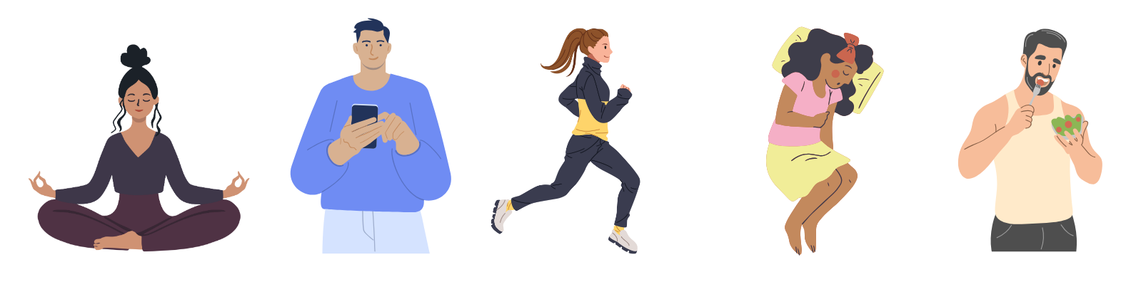 Five daily habits for mental health and actionable steps of breathing, talking, moving, sleeping, and eating being shown in a graphic by different people of all ages, sizes, genders, and backgrounds.